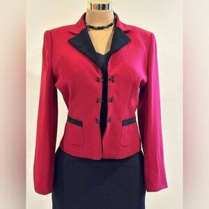 Tahari Levine Vibrant Red & Black Suede Trim, Short Blazer 3 Button Hook…